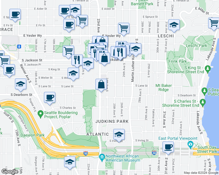 map of restaurants, bars, coffee shops, grocery stores, and more near 706 24th Avenue South in Seattle