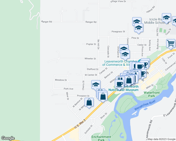 map of restaurants, bars, coffee shops, grocery stores, and more near 184 O'Grady Street in Leavenworth