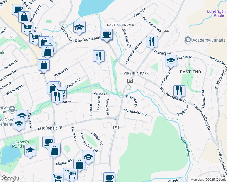 map of restaurants, bars, coffee shops, grocery stores, and more near 57 A Guzzwell Drive in St. John's