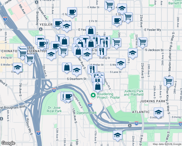 map of restaurants, bars, coffee shops, grocery stores, and more near 1601 South Lane Street in Seattle