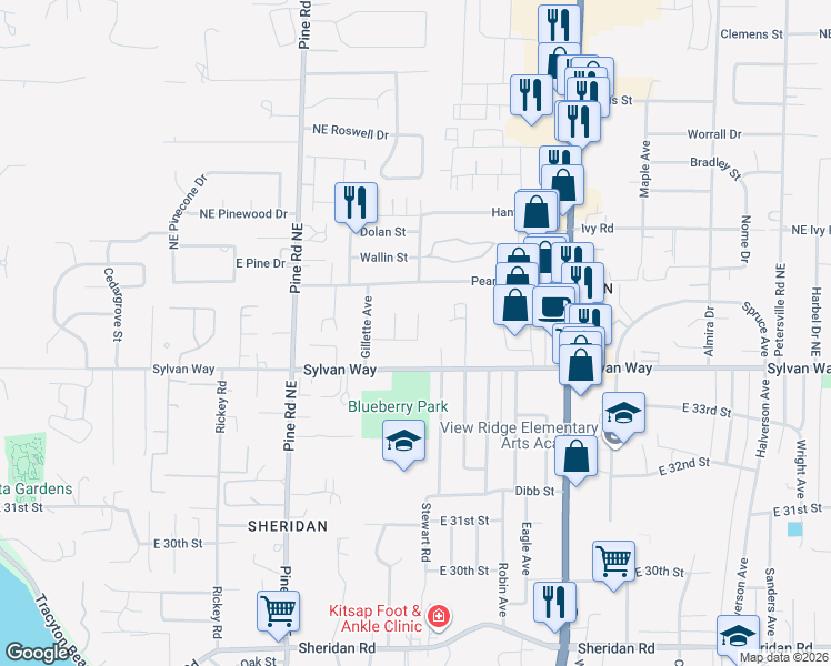 map of restaurants, bars, coffee shops, grocery stores, and more near 3505 Rasmussen Lane in Bremerton
