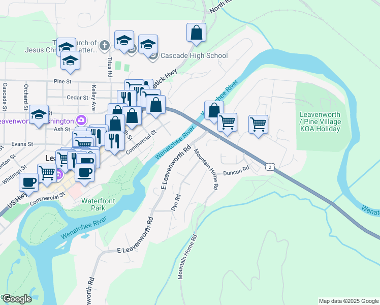 map of restaurants, bars, coffee shops, grocery stores, and more near 9880 Mountain Home Road in Leavenworth