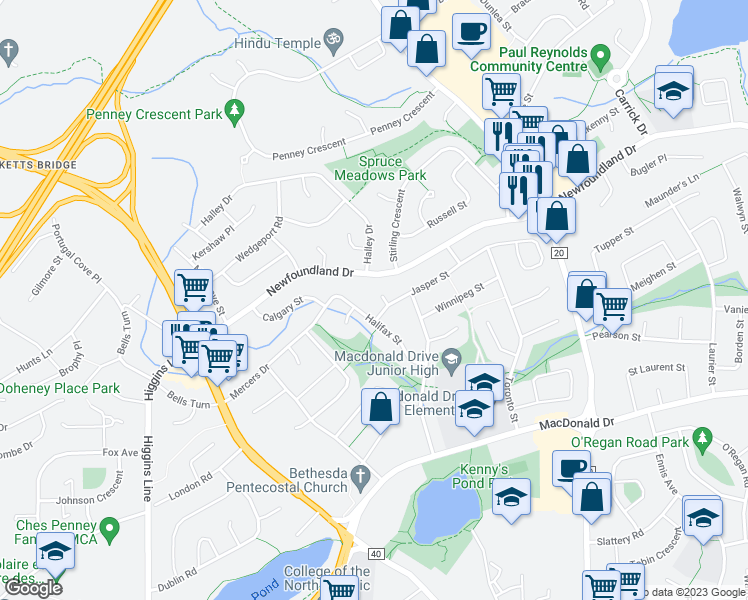 map of restaurants, bars, coffee shops, grocery stores, and more near 3 Banff Place in St. John's