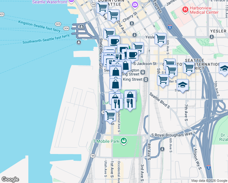 map of restaurants, bars, coffee shops, grocery stores, and more near 562 1st Avenue South in Seattle