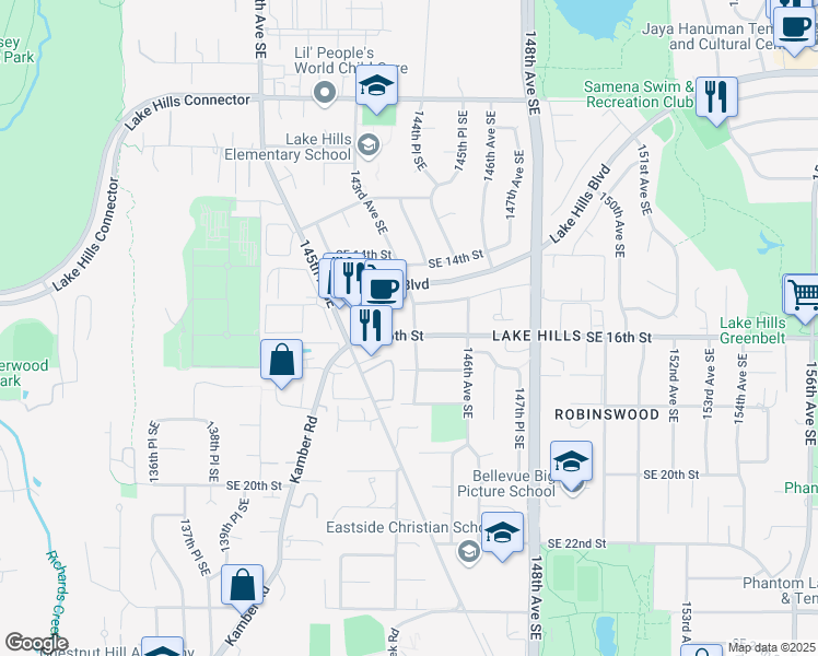map of restaurants, bars, coffee shops, grocery stores, and more near 1525 143rd Avenue Southeast in Bellevue
