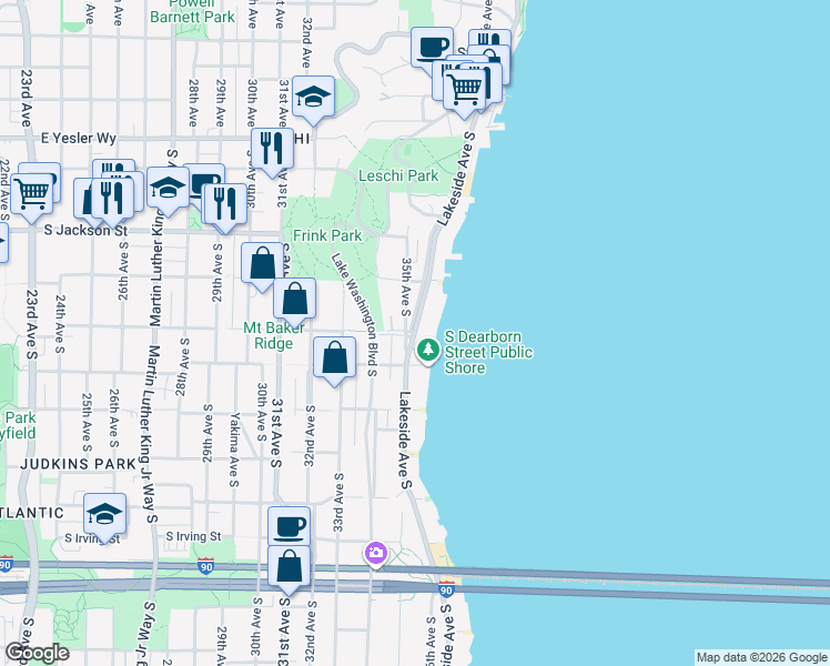 map of restaurants, bars, coffee shops, grocery stores, and more near Lakeside Avenue South & South Lane Street in Seattle