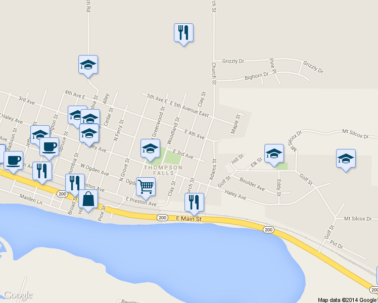 map of restaurants, bars, coffee shops, grocery stores, and more near 416 Clay Street in Thompson Falls