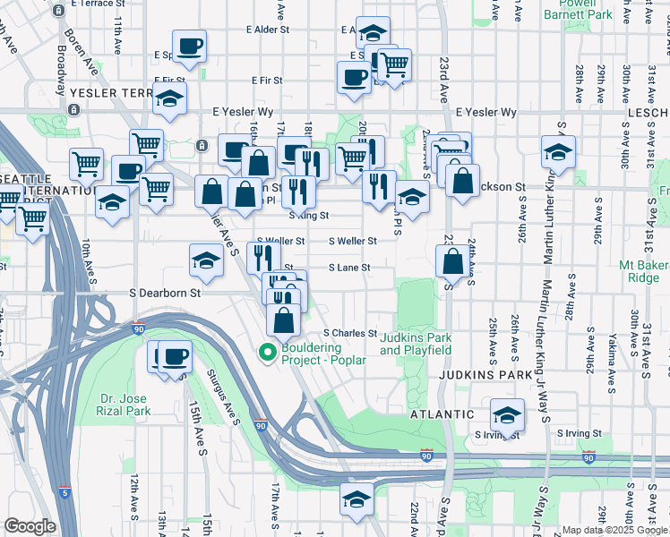 map of restaurants, bars, coffee shops, grocery stores, and more near 1845 South Lane Street in Seattle