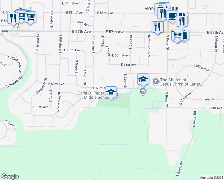 map of restaurants, bars, coffee shops, grocery stores, and more near 2304 East 63rd Avenue in Spokane