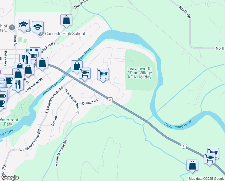 map of restaurants, bars, coffee shops, grocery stores, and more near 301 Ward Strasse in Leavenworth