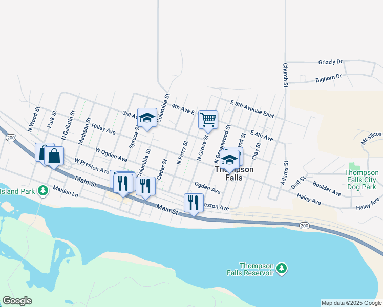 map of restaurants, bars, coffee shops, grocery stores, and more near 150 West Haley Avenue in Thompson Falls
