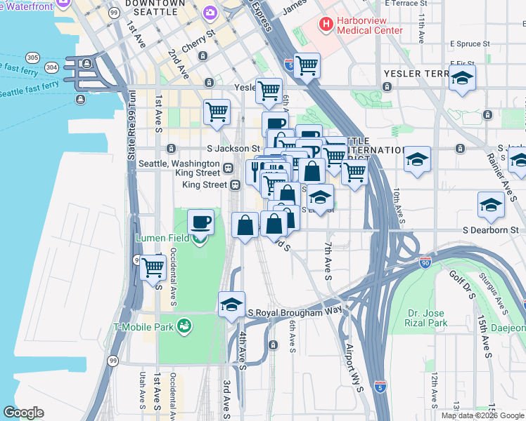 map of restaurants, bars, coffee shops, grocery stores, and more near 705 5th Avenue South in Seattle