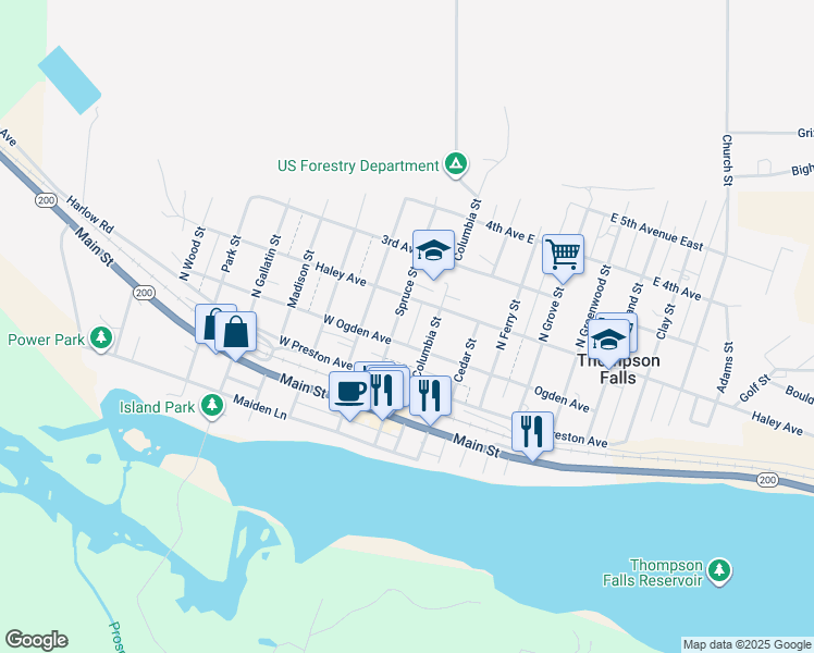 map of restaurants, bars, coffee shops, grocery stores, and more near 206 Spruce Street in Thompson Falls