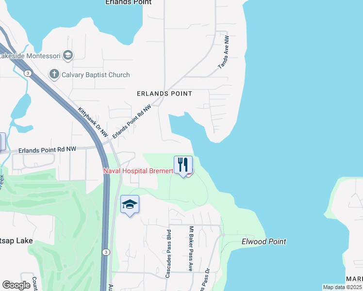 map of restaurants, bars, coffee shops, grocery stores, and more near 3647 Trail End Road Northwest in Bremerton