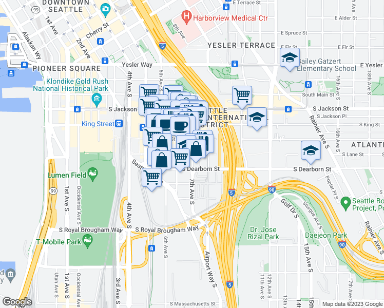 map of restaurants, bars, coffee shops, grocery stores, and more near 7th Ave S & S Lane St in Seattle