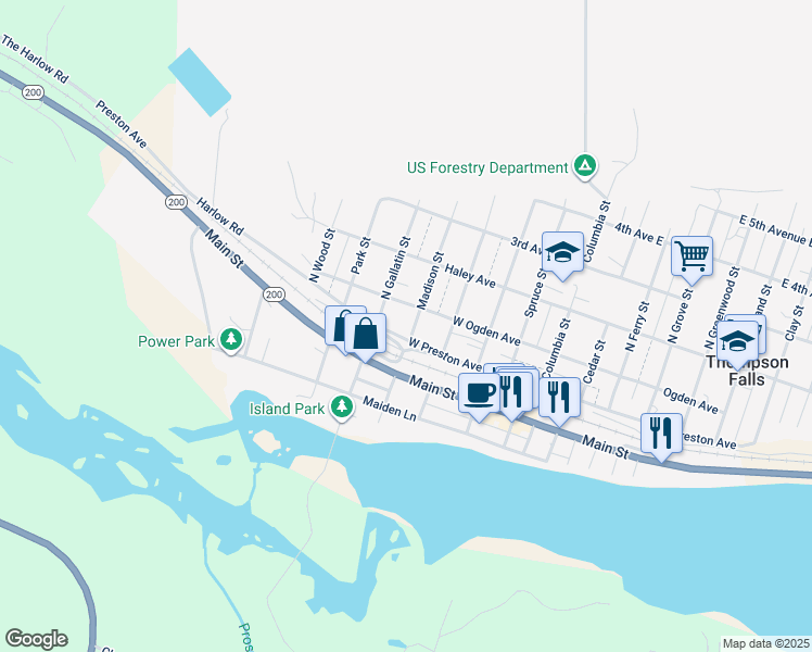 map of restaurants, bars, coffee shops, grocery stores, and more near 101 Madison Street in Thompson Falls