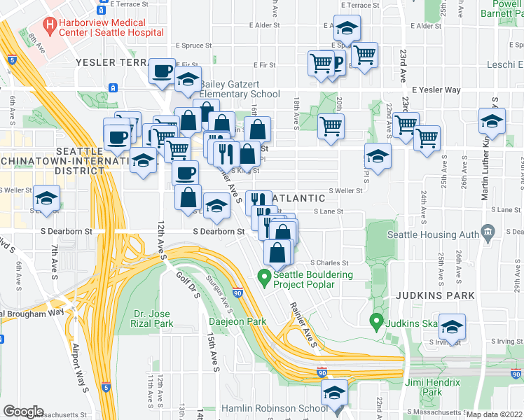 map of restaurants, bars, coffee shops, grocery stores, and more near in Seattle