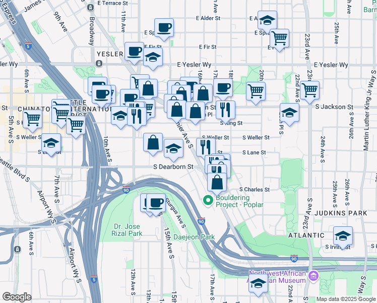 map of restaurants, bars, coffee shops, grocery stores, and more near 1435 South Lane Street in Seattle