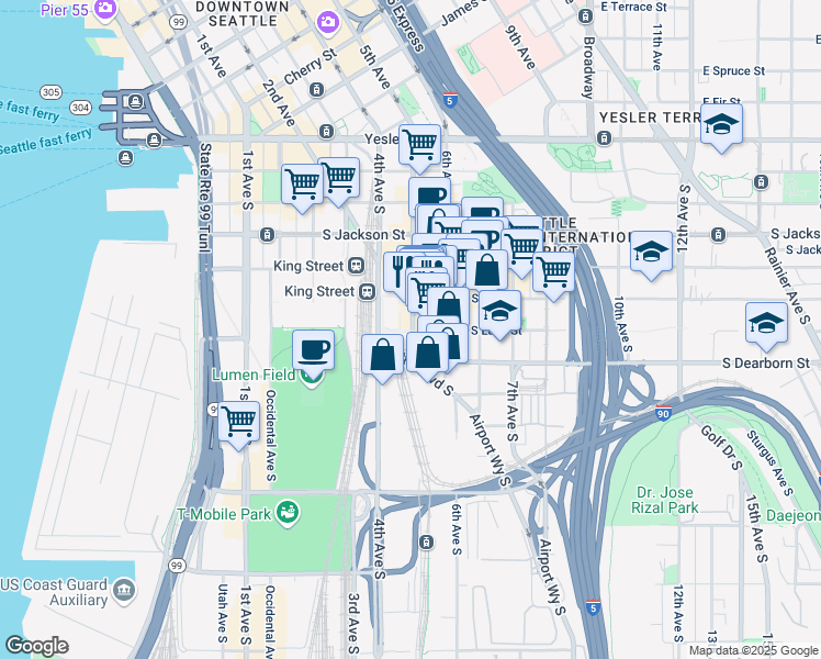 map of restaurants, bars, coffee shops, grocery stores, and more near 706 5th Avenue South in Seattle