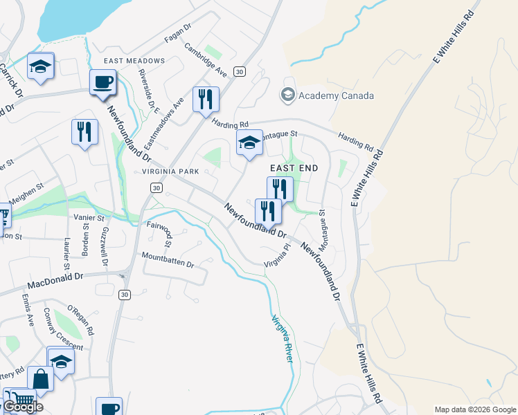 map of restaurants, bars, coffee shops, grocery stores, and more near 10 Glover Place in St. John's