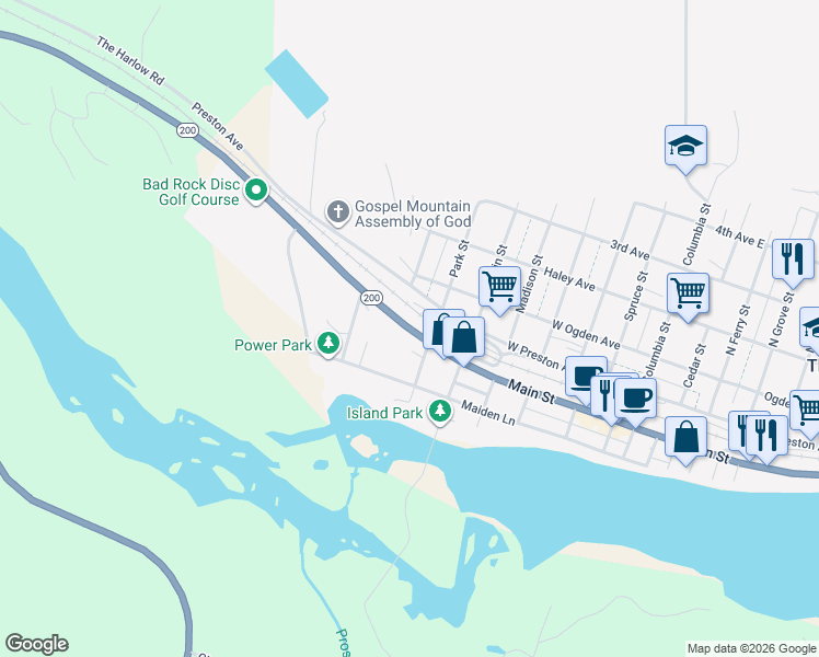 map of restaurants, bars, coffee shops, grocery stores, and more near Montana 200 in Thompson Falls