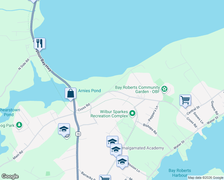 map of restaurants, bars, coffee shops, grocery stores, and more near 114 Cross Road in Bay Roberts