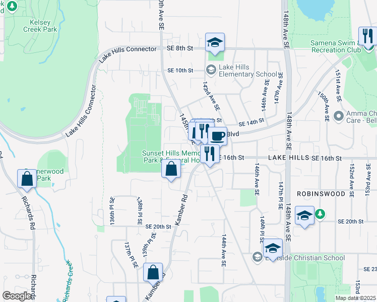 map of restaurants, bars, coffee shops, grocery stores, and more near 1537 145th Place Southeast in Bellevue