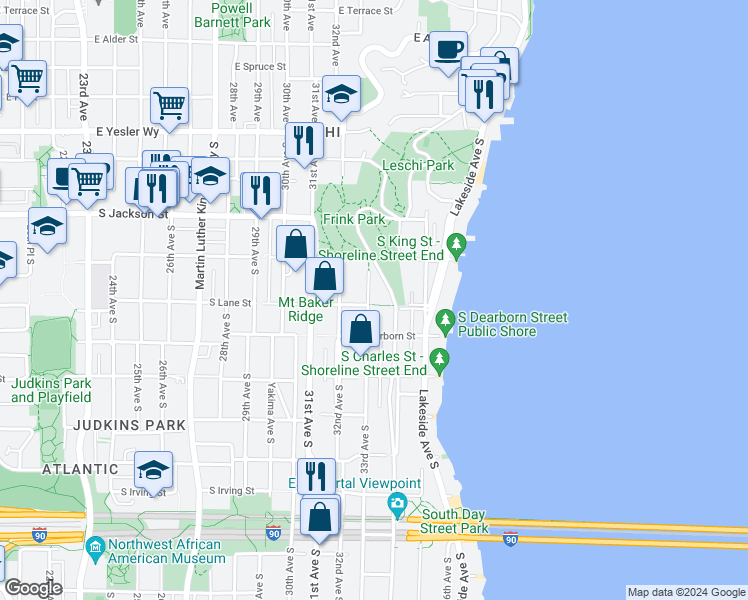 map of restaurants, bars, coffee shops, grocery stores, and more near 540 33rd Avenue South in Seattle