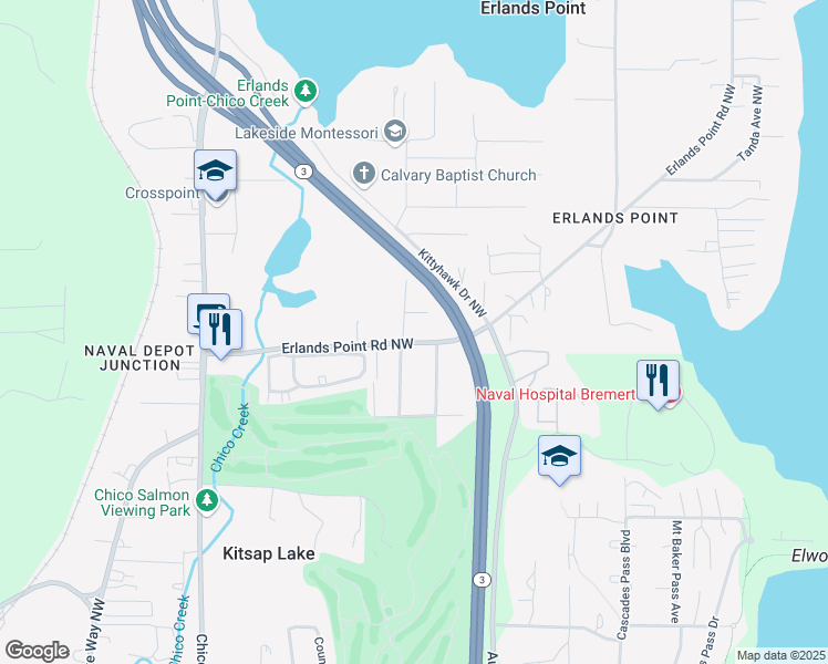 map of restaurants, bars, coffee shops, grocery stores, and more near 2562 Erlands Point Road Northwest in Bremerton