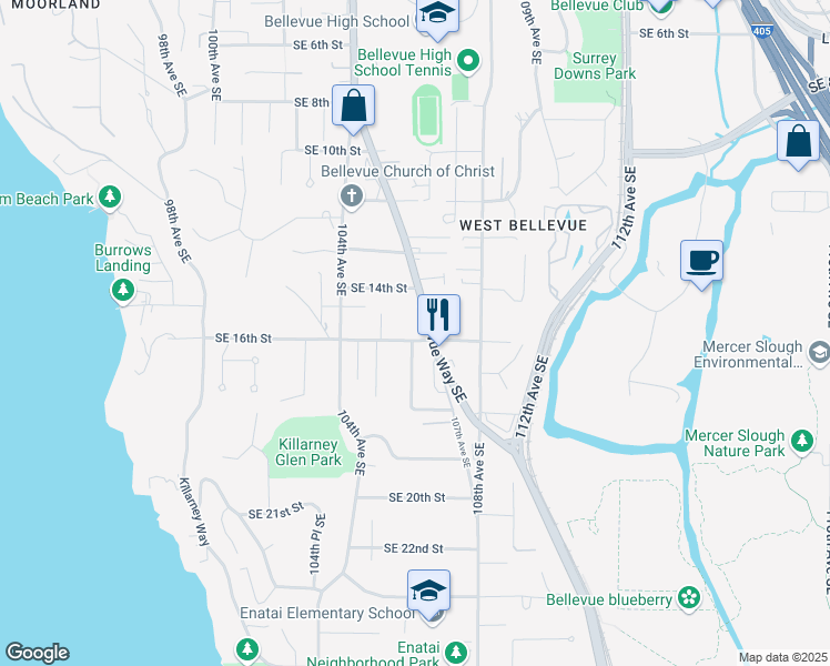 map of restaurants, bars, coffee shops, grocery stores, and more near 1435 Southeast 16th Street in Bellevue