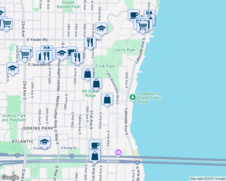 map of restaurants, bars, coffee shops, grocery stores, and more near 700 Lake Washington Boulevard South in Seattle