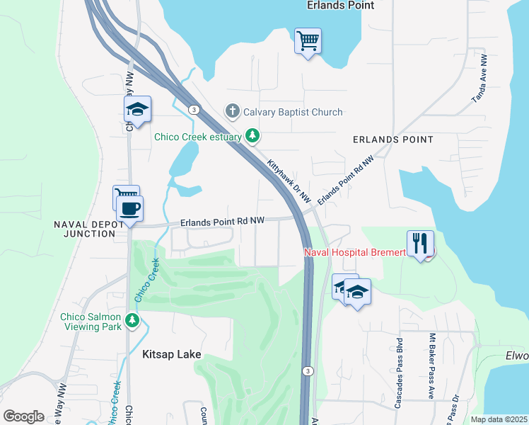 map of restaurants, bars, coffee shops, grocery stores, and more near 2507 Erlands Point Road Northwest in Bremerton