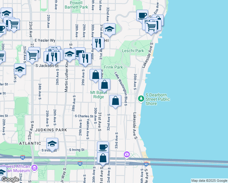 map of restaurants, bars, coffee shops, grocery stores, and more near 701 33rd Avenue South in Seattle