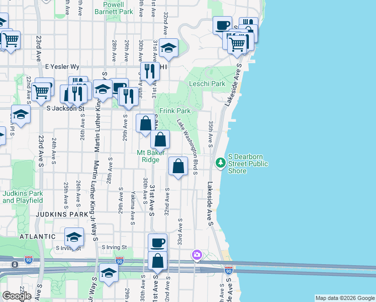 map of restaurants, bars, coffee shops, grocery stores, and more near 700 Lake Washington Boulevard South in Seattle