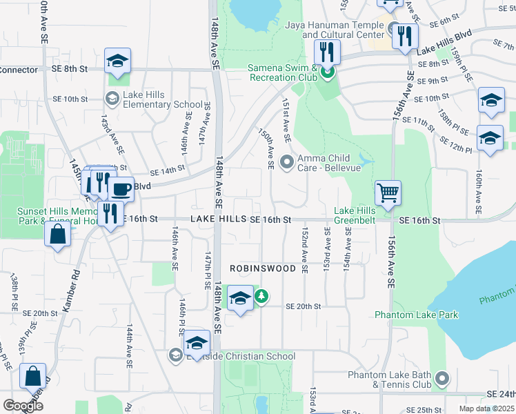 map of restaurants, bars, coffee shops, grocery stores, and more near 14868 Southeast 16th Street in Bellevue
