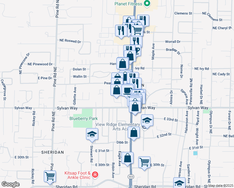 map of restaurants, bars, coffee shops, grocery stores, and more near 3441 Wheaton Way in Bremerton