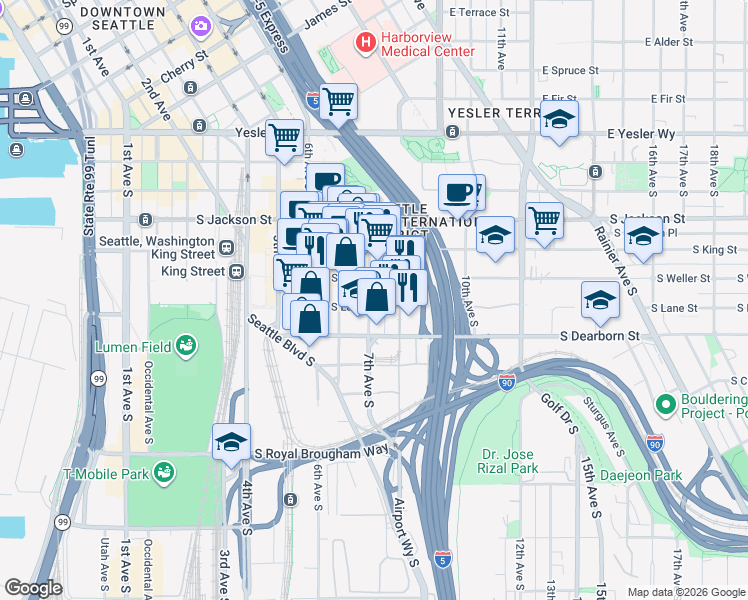map of restaurants, bars, coffee shops, grocery stores, and more near 700 South Lane Street in Seattle