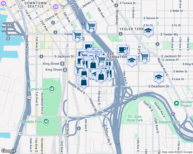 map of restaurants, bars, coffee shops, grocery stores, and more near in Seattle