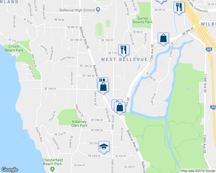 map of restaurants, bars, coffee shops, grocery stores, and more near 10648 Southeast 16th Street in Bellevue