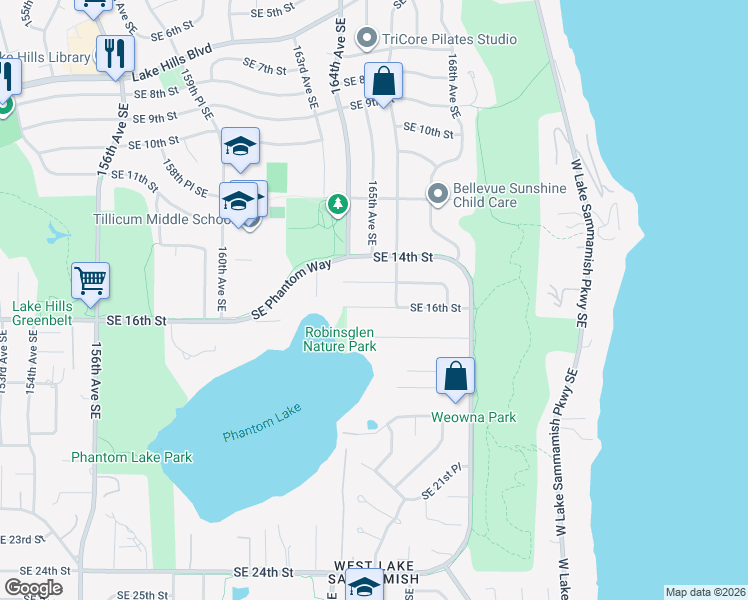map of restaurants, bars, coffee shops, grocery stores, and more near 16437 Southeast 16th Street in Bellevue