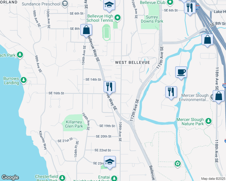 map of restaurants, bars, coffee shops, grocery stores, and more near 1614 Bellevue Way Southeast in Bellevue
