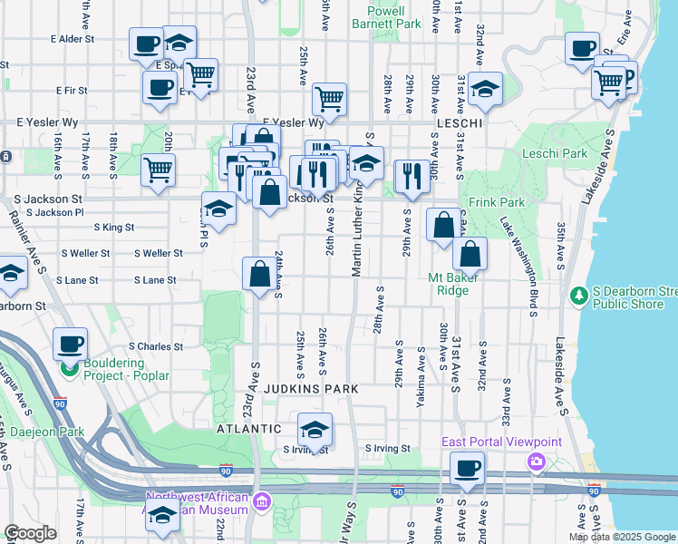 map of restaurants, bars, coffee shops, grocery stores, and more near 2613 South Lane Street in Seattle