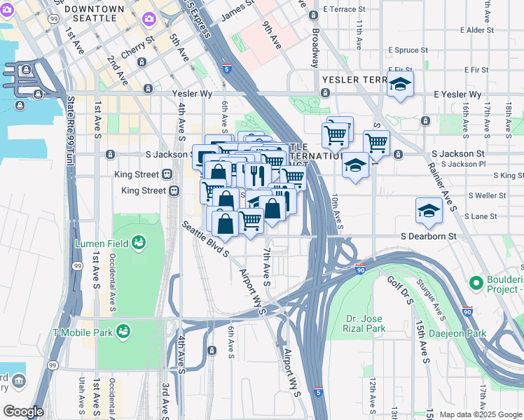 map of restaurants, bars, coffee shops, grocery stores, and more near 707 South Lane Street in Seattle