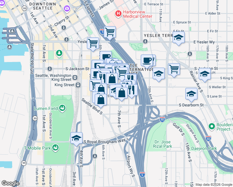 map of restaurants, bars, coffee shops, grocery stores, and more near in Seattle