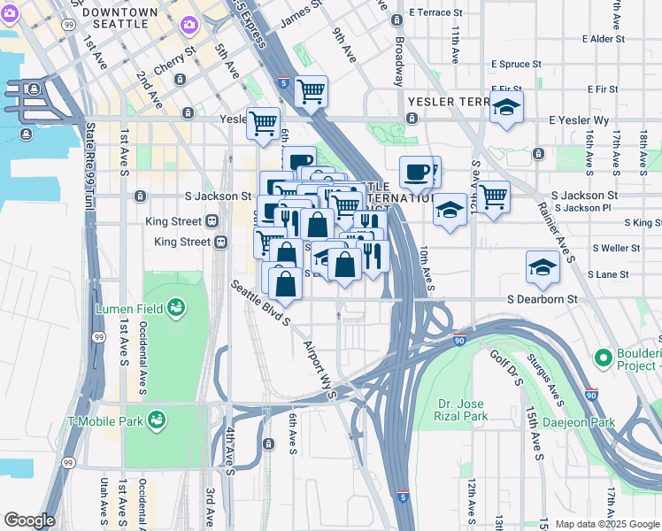 map of restaurants, bars, coffee shops, grocery stores, and more near 668 South Lane Street in Seattle