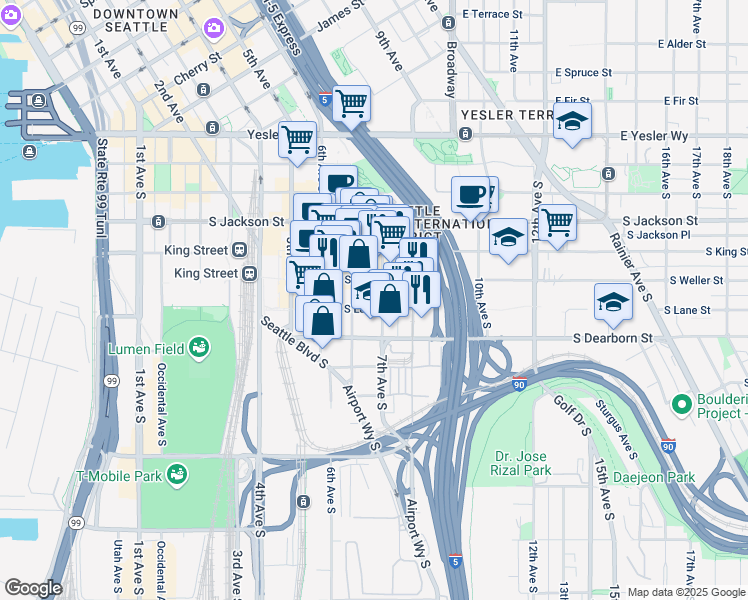 map of restaurants, bars, coffee shops, grocery stores, and more near 707 South Lane Street in Seattle
