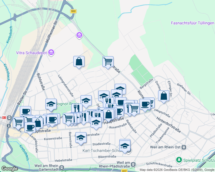 map of restaurants, bars, coffee shops, grocery stores, and more near 34 Breslauer Straße in Weil am Rhein