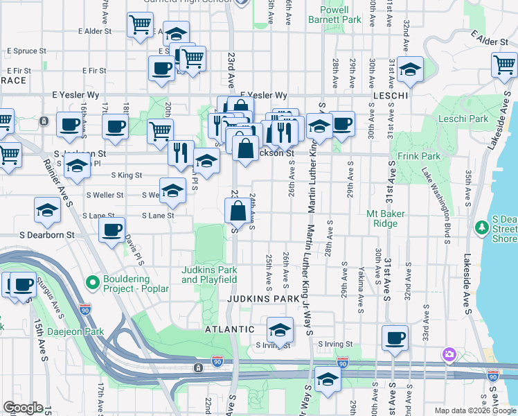 map of restaurants, bars, coffee shops, grocery stores, and more near 2402 South Lane Street in Seattle