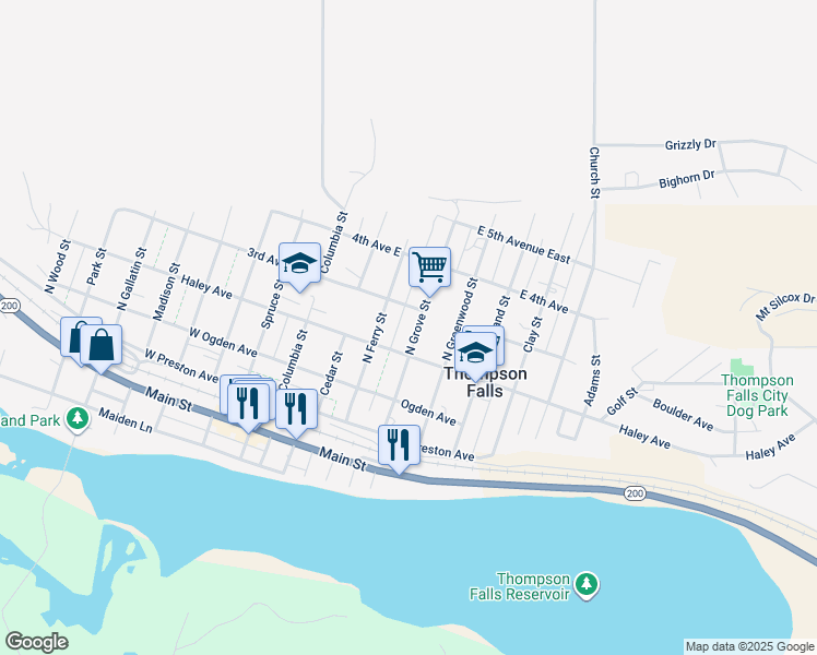 map of restaurants, bars, coffee shops, grocery stores, and more near 150 W Haley Ave in Thompson Falls
