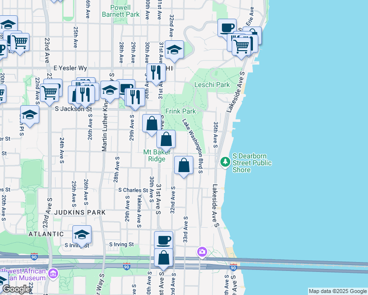map of restaurants, bars, coffee shops, grocery stores, and more near 701 33rd Avenue South in Seattle